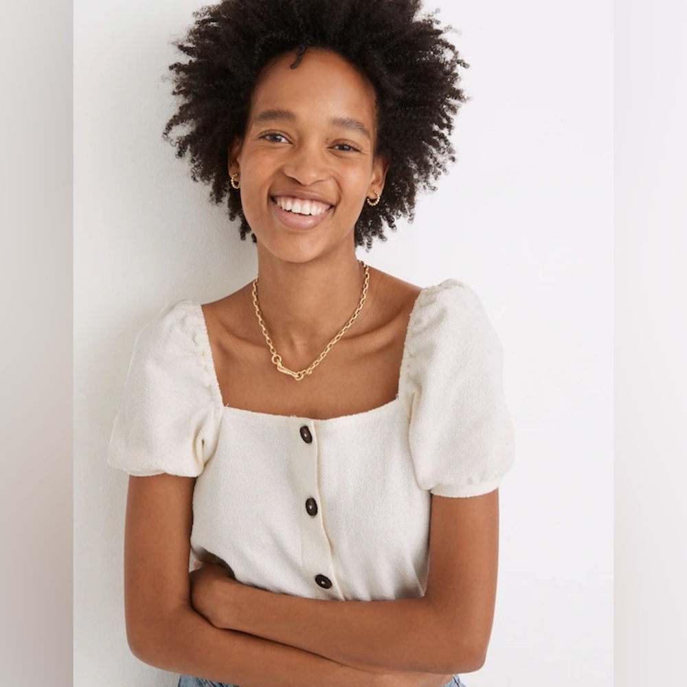 Madewell Jacquard Square-Neck Puff-Sleeve Top - Cream - Size Large - Picture 2 of 11